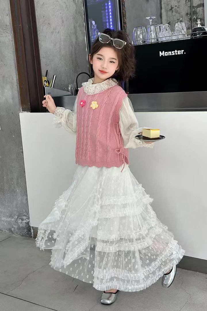儿童汉服拼接高腰白色蕾丝半身裙显瘦网纱长裙松紧腰女童公主裙