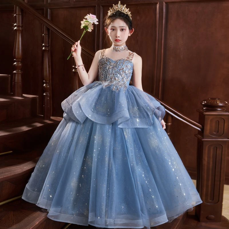 女童礼服轻奢小众高端儿童生日蓝色公主裙小主持人钢琴演奏演出服