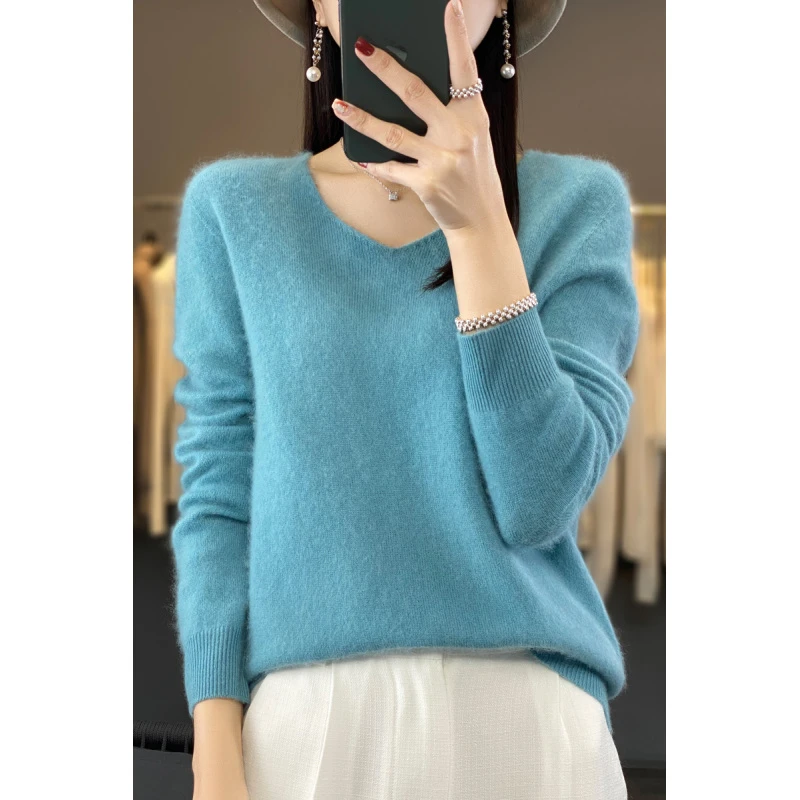 秋冬新款100%纯羊毛衫女V领套头毛衣宽松显瘦羊毛针织衫