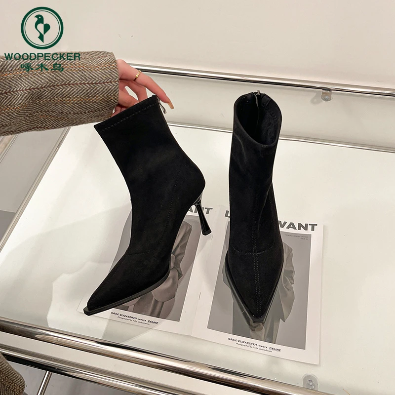 啄木鸟尖头高跟短靴女2025年秋冬新款百搭法式细跟弹力靴瘦瘦靴