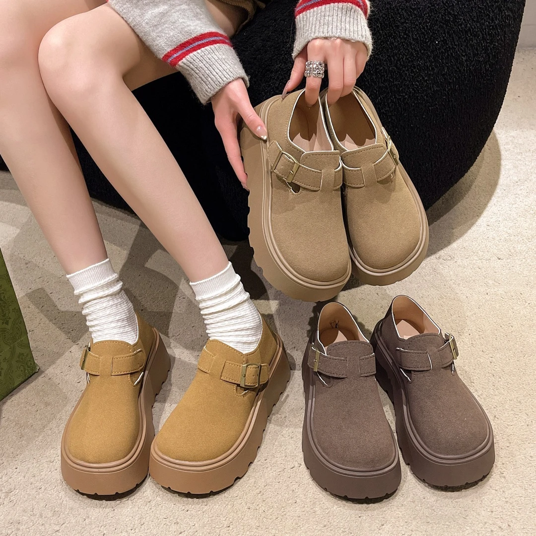 全包单鞋女2025新款高级感百搭法式厚底气质棕色加绒勃肯鞋乐福鞋