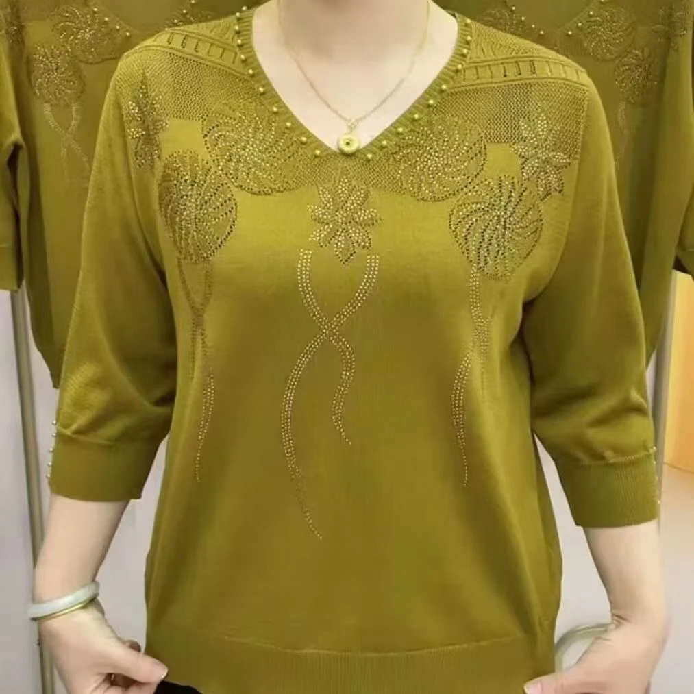 中年妈妈装上衣新款2025夏季显年轻七分袖冰丝洋气上档次大码烫钻