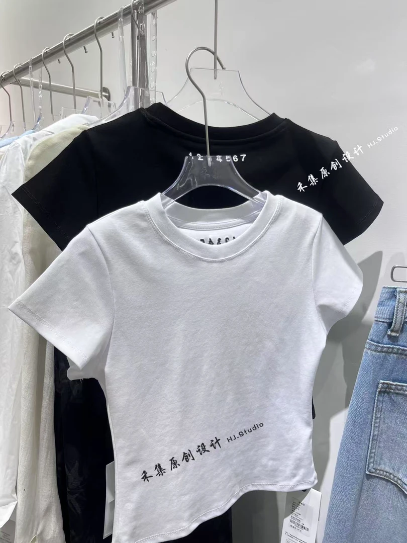 休闲风短袖螺纹圆领短款吸汗T恤百搭设计感不规则修身时尚