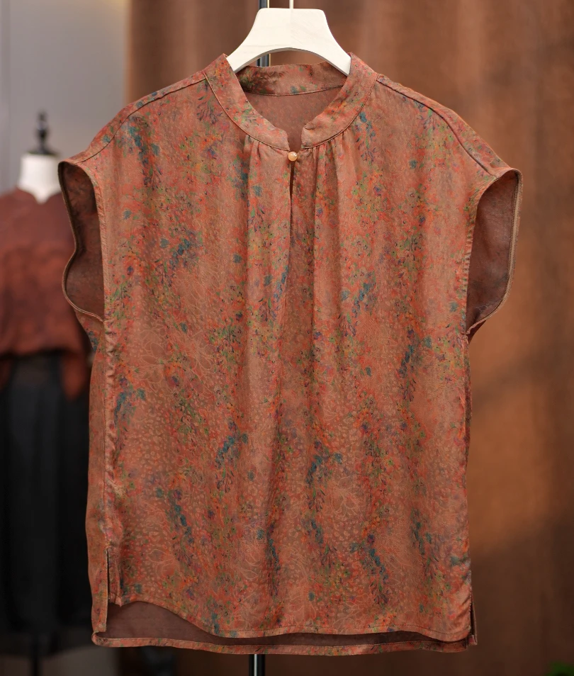 1839短袖常规纯色立领印染花纹上衣宽松网红复古新中式