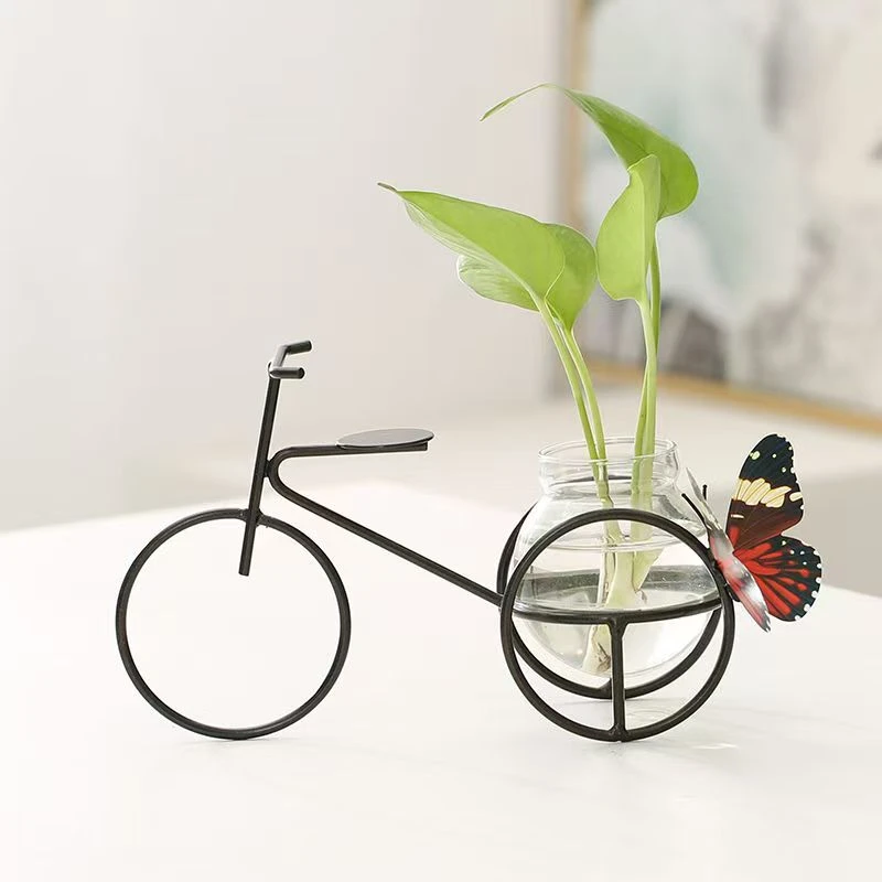 创意铁艺摆件自行车花器家居装饰品茶桌绿萝花插花瓶铁艺水培容器