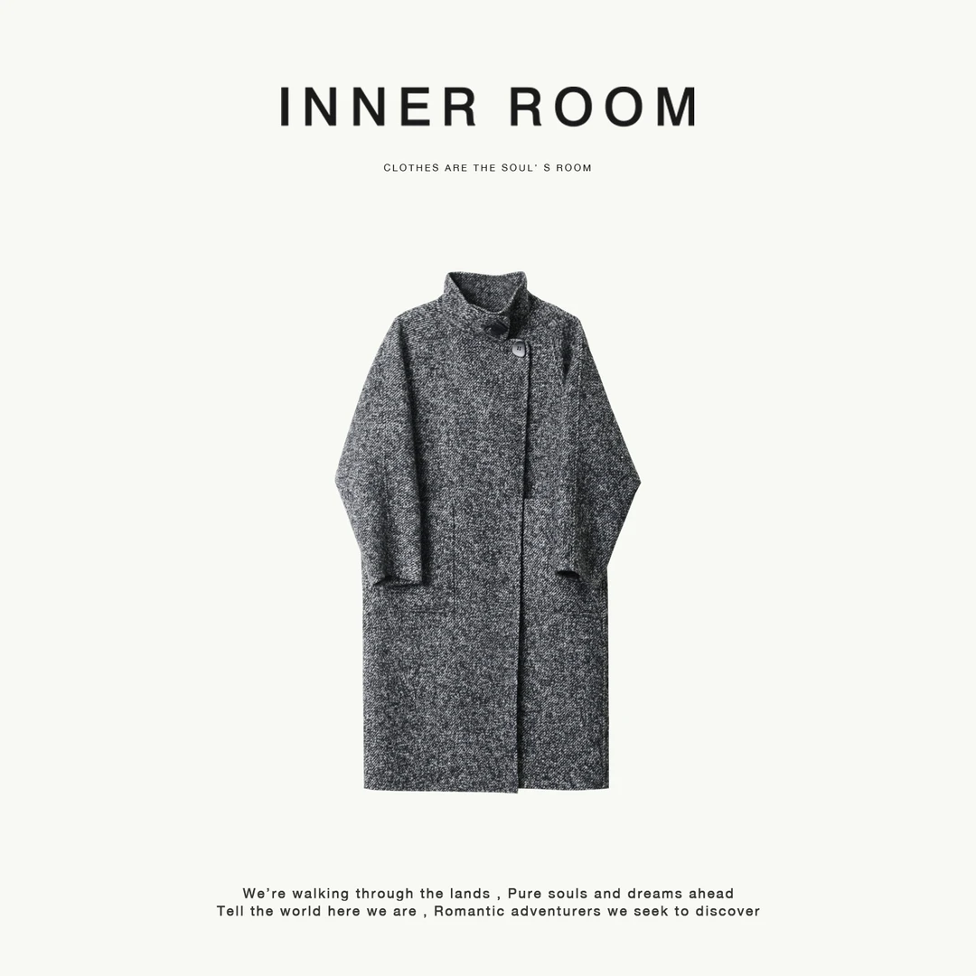 INNER ROOM时髦经典斜纹粗花呢羊毛大衣女冬立领廓形保暖毛呢外套