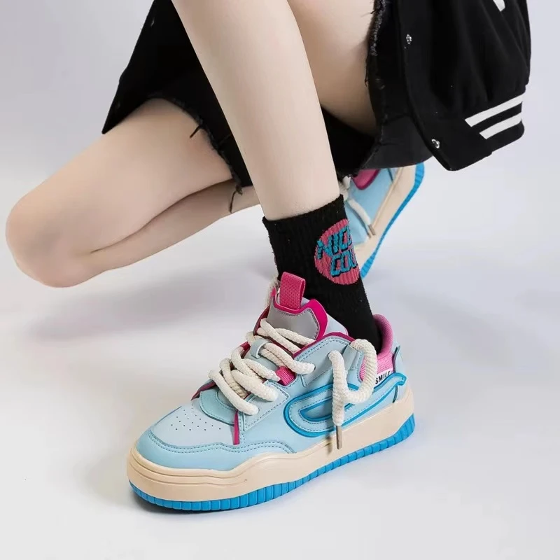 B-9212蓝色 复古休闲板鞋女2024学生百搭厚底小白鞋潮流小众女鞋