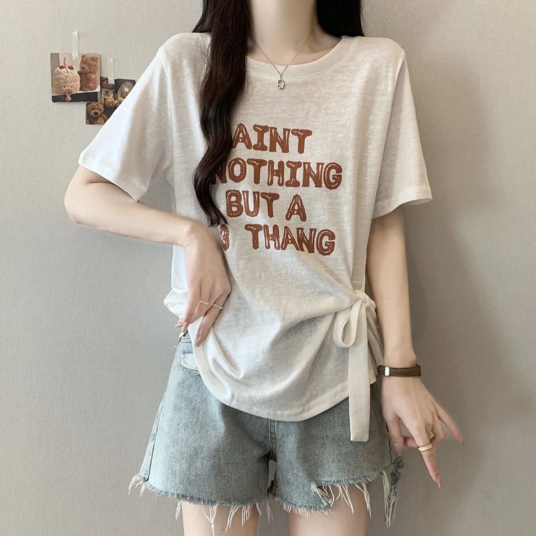 大码设计感字母印花系带短袖T恤女夏季胖MM宽松显瘦百搭洋气上衣