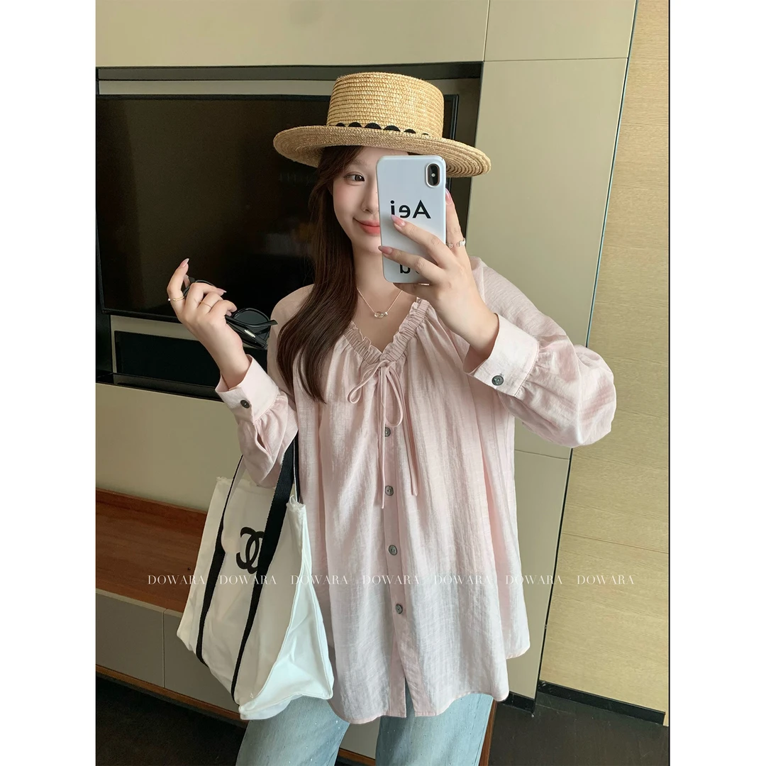 现货大婉酱微胖定制法式木耳边V领薄款衬衫两件套夏季上衣8189D