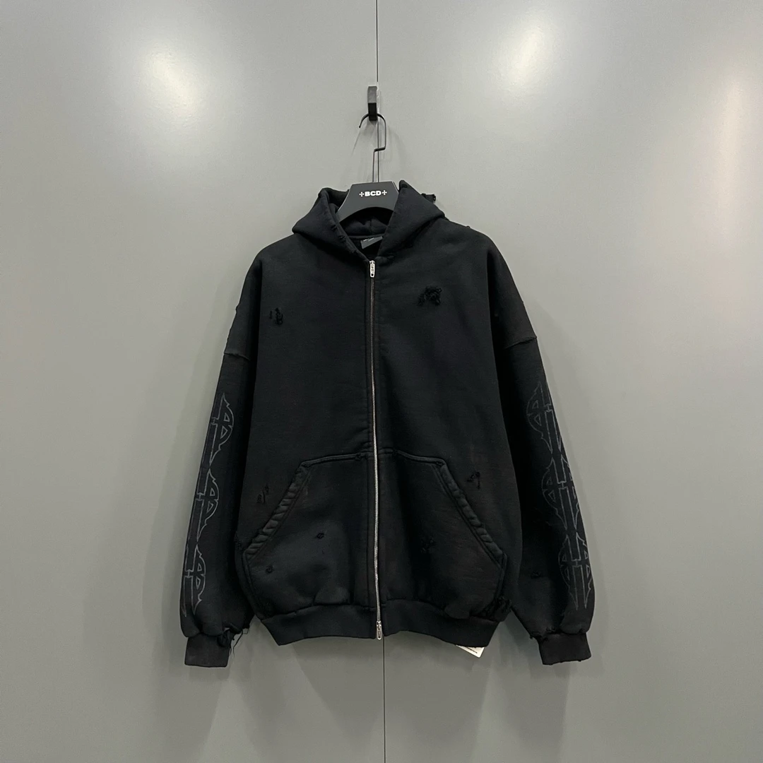 99新 Balenciaga/巴黎世家 q213 破坏logo麒麟臂拉链帽衫 2码/bc0