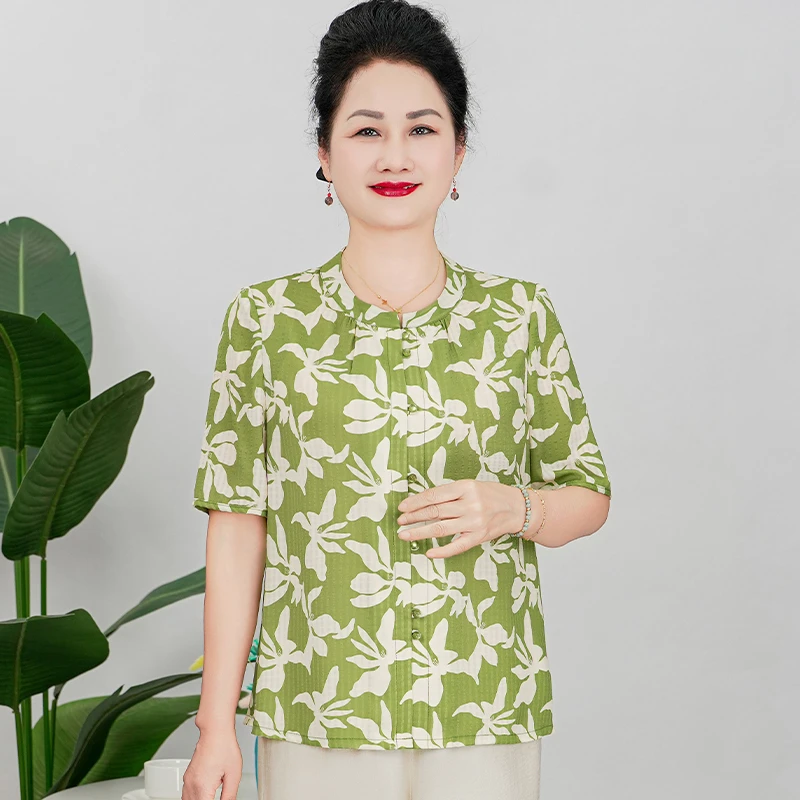 雅鹿夏季时尚中老年女装洋气妈妈装衬衫宽松大码中年小衫B25859B