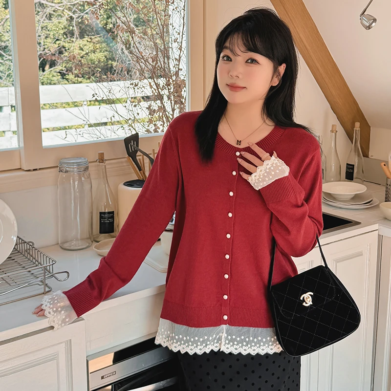 大码设计感拼接蕾丝上衣女长袖外套2025春胖mm宽松针织开衫22859