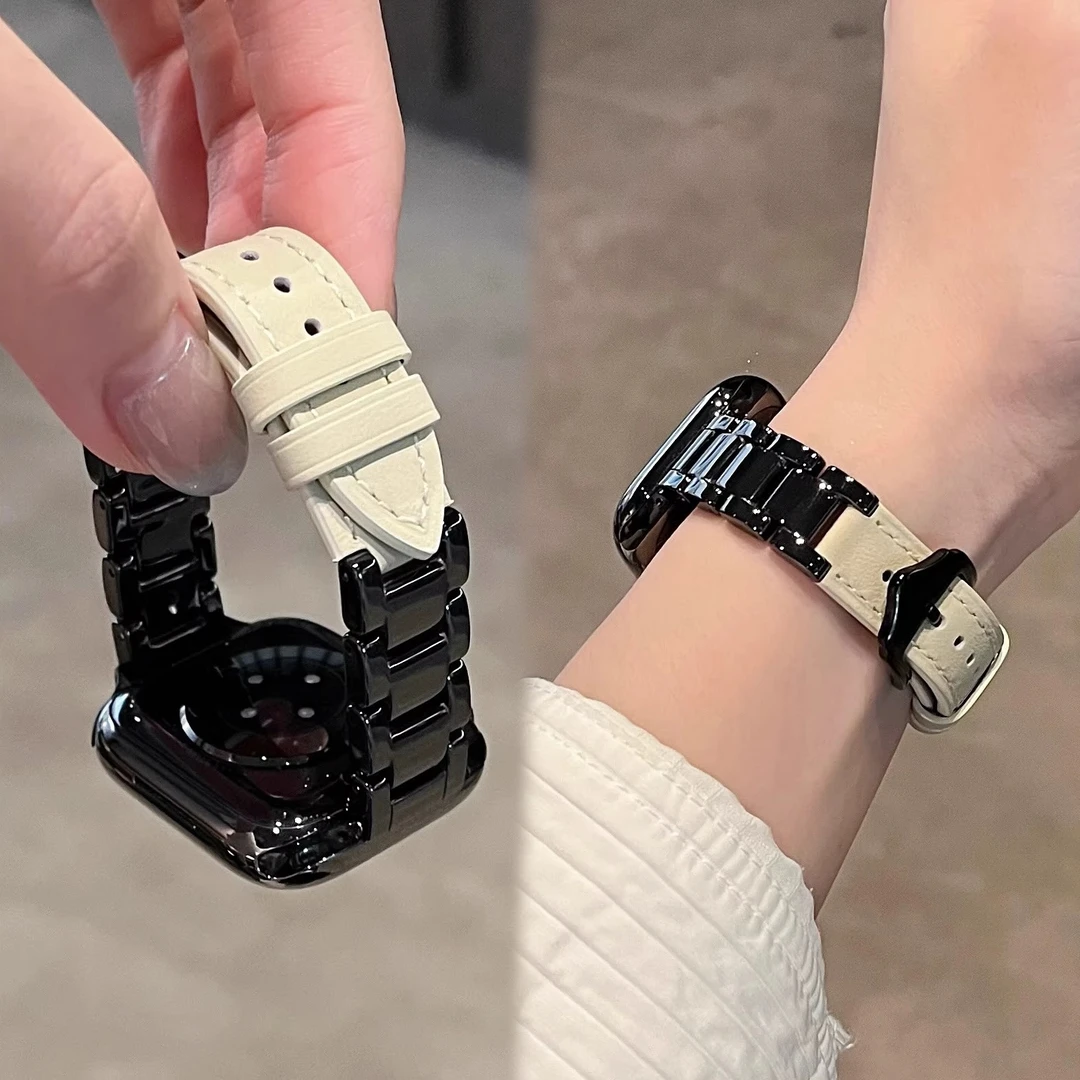 气质感三株陶瓷拼皮质苹果手表表带适用于Apple watch789iwatch10