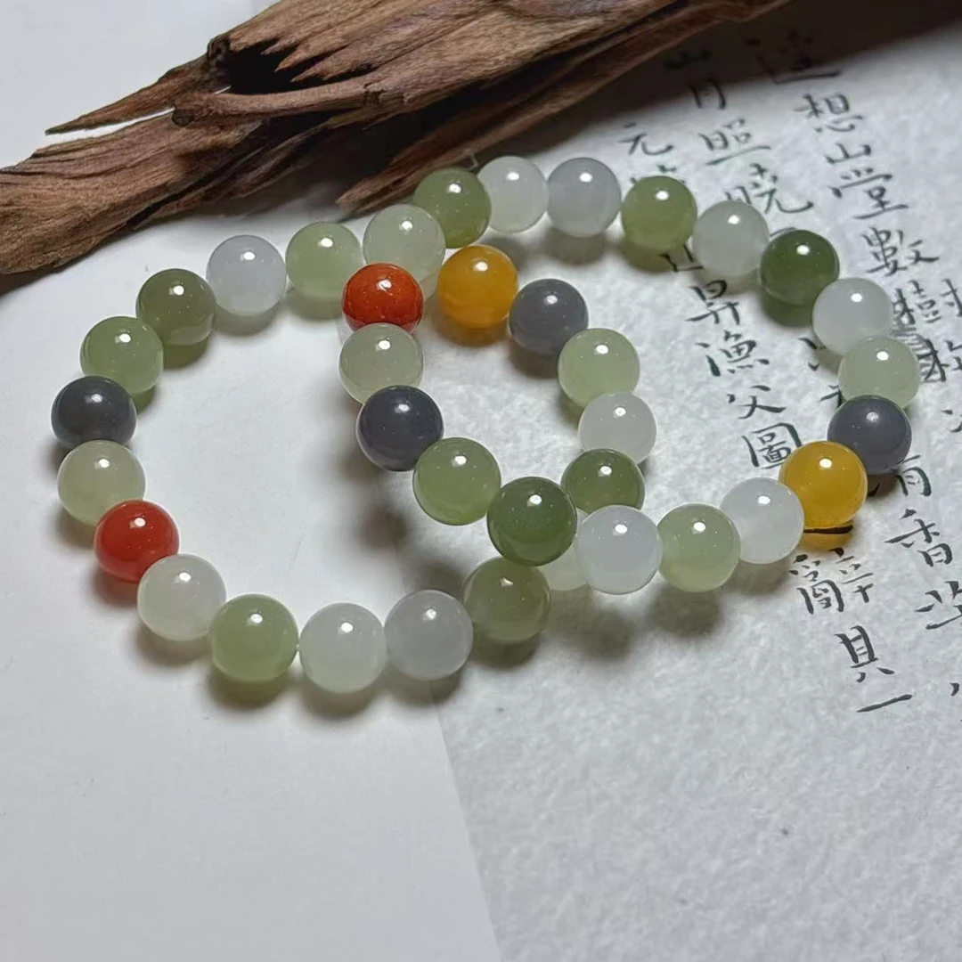 《老猪严选》YH008天然和田玉圆珠多宝素圈手串约10mm多样性发其一