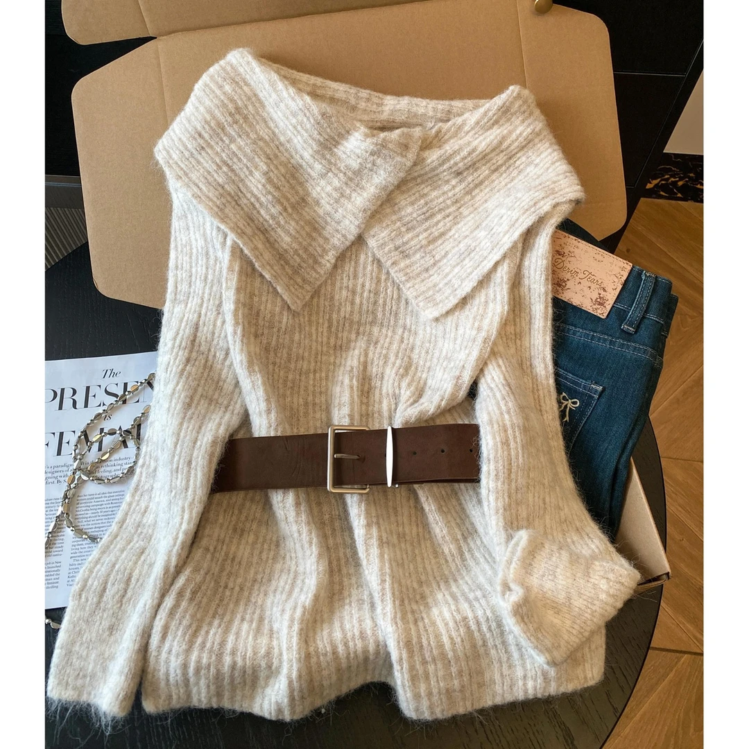 慵懒气质一字肩翻领腰带针织衫女秋冬加厚外穿毛衣美拉德穿搭上衣