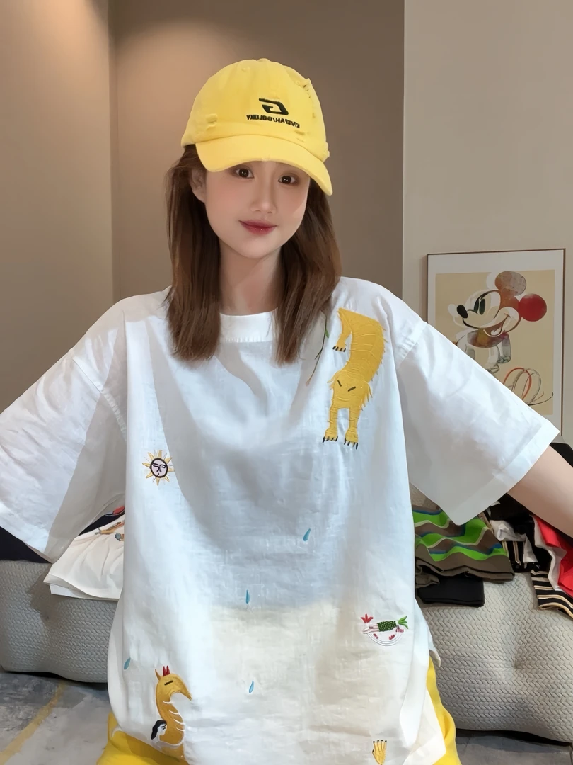 【FANG方方】2024新款亚麻重工动物刺绣圆领短袖T恤宽松半袖