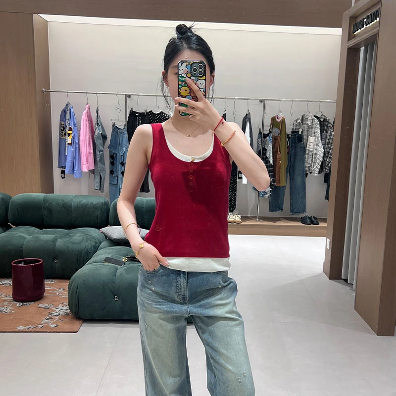 AVVENN2025夏季新品假两件撞色针织背心圆领时尚吊带红色打底无袖