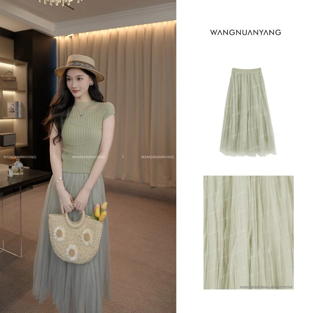 【WNY】流纱|设计感不规则双层网纱内衬仙气温柔半身裙Q