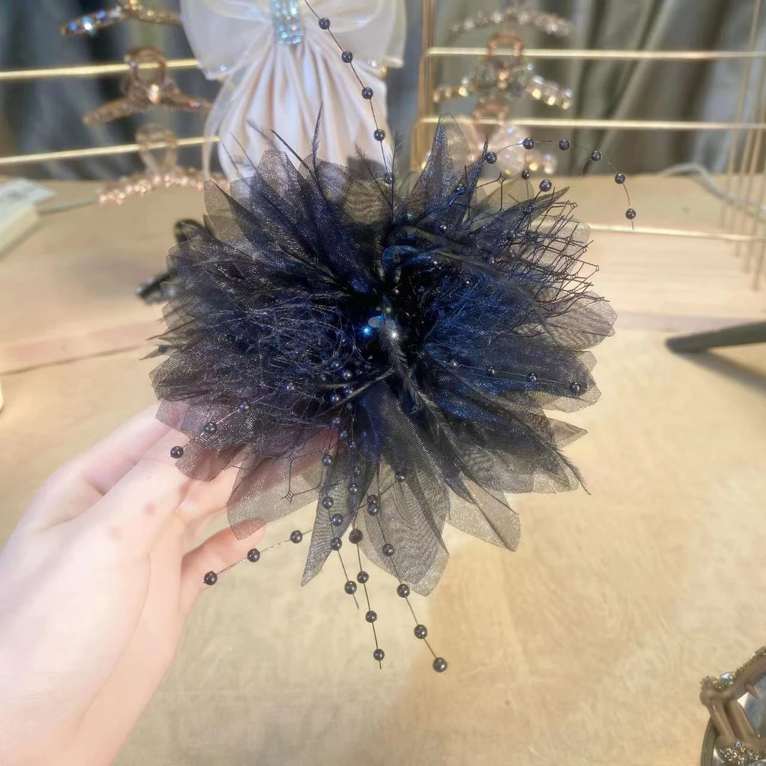 M569羽毛珠珠欧根纱气质轻奢百搭13公分高级感抓夹