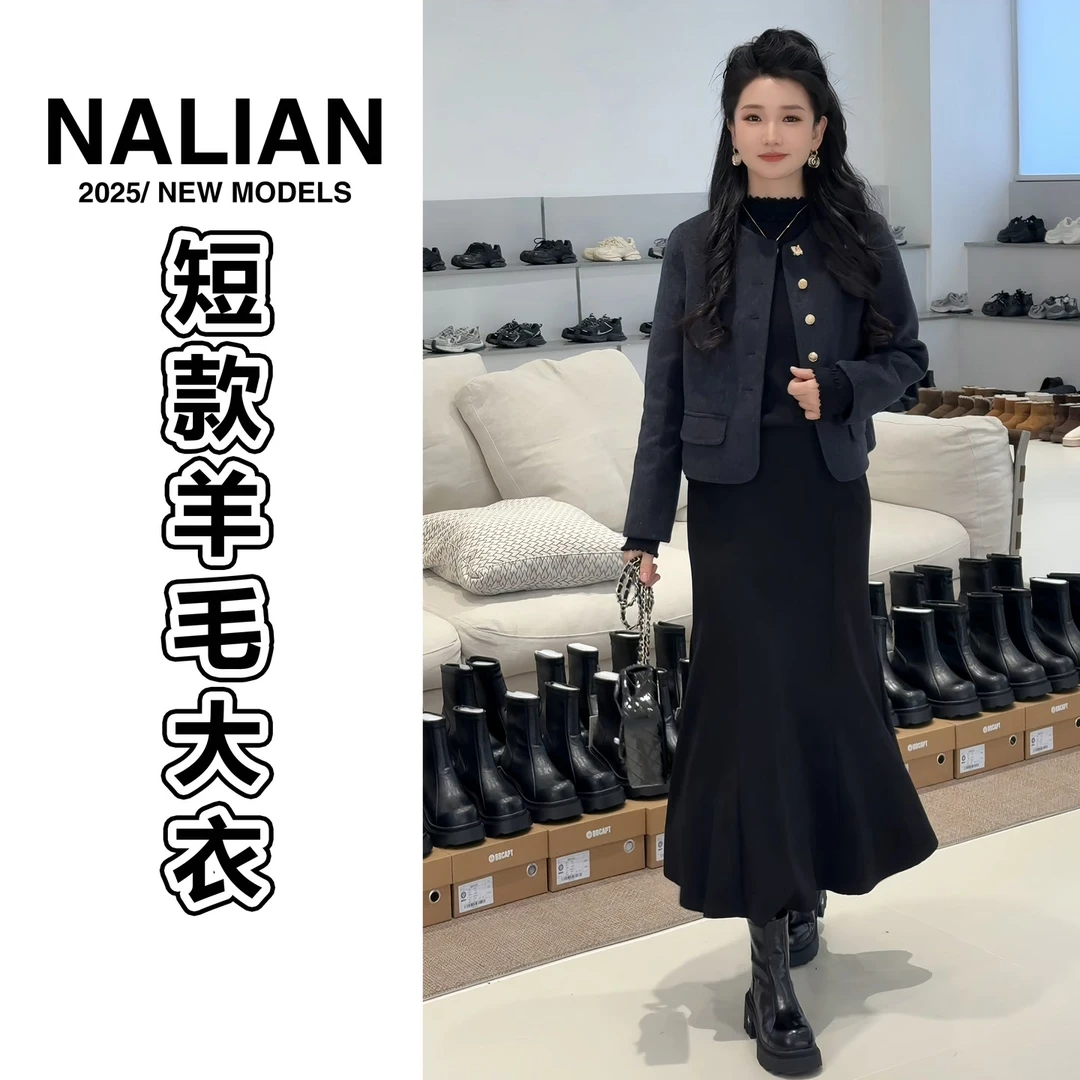 KF6886#精致小短款羊毛大衣新款时尚气质女装黑色秋冬外套6886