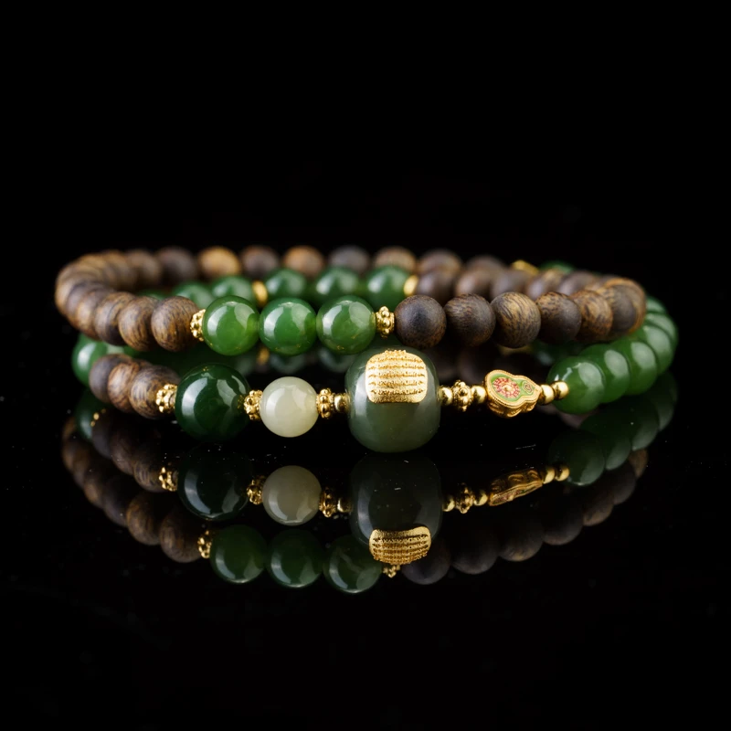 沉香【晴澜】奇楠沉香0.5和田碧玉双圈手串（多样性发其一）