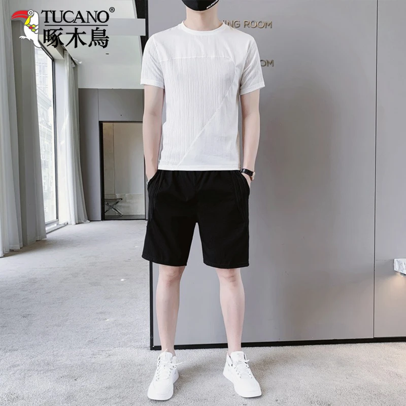 啄木鳥冰丝速干T恤男士休闲短袖短裤2025夏季新款宽松帅气套装男