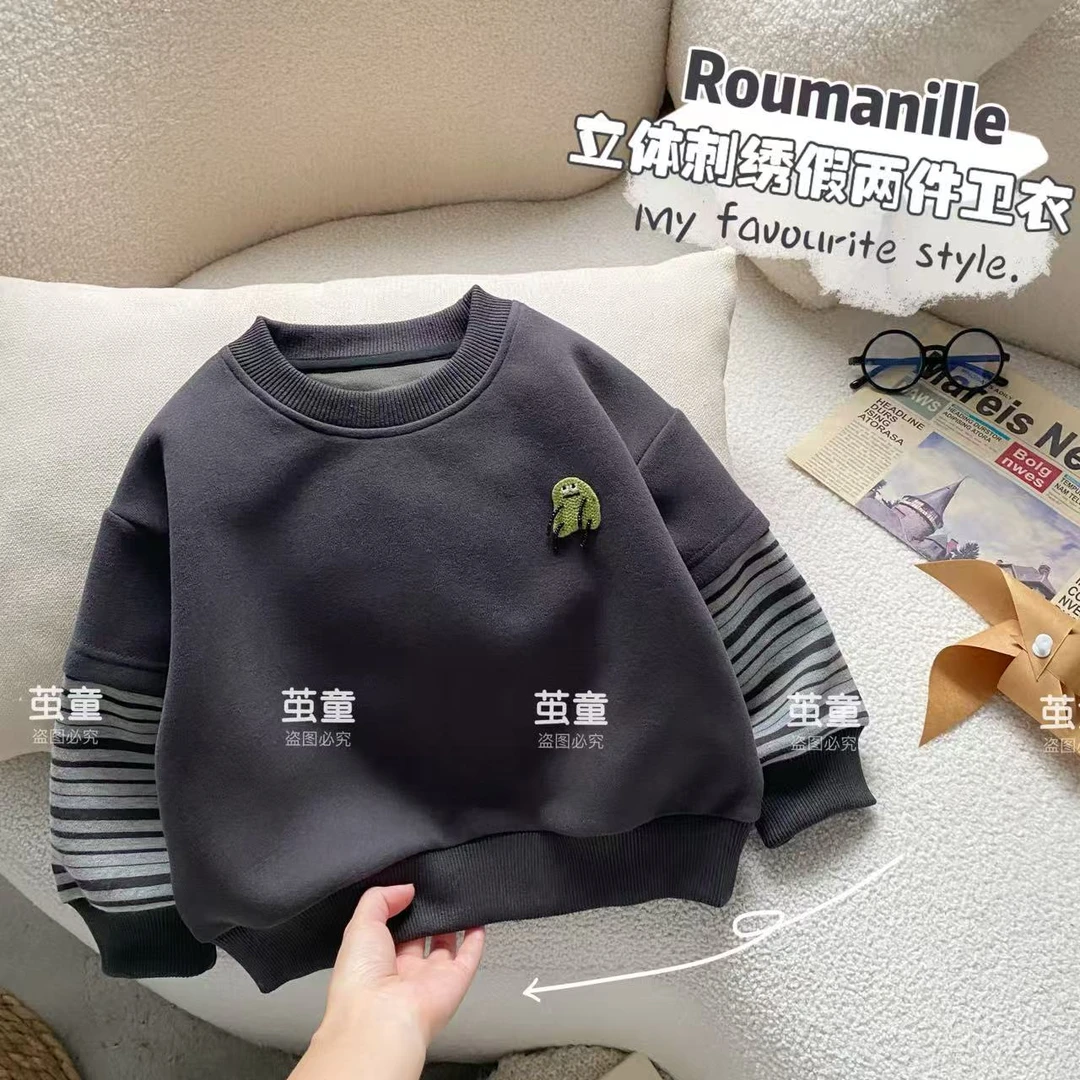 【麦麦妈】Q236春秋小童韩版刺绣假两件卫衣新品男女宝宝休闲上衣
