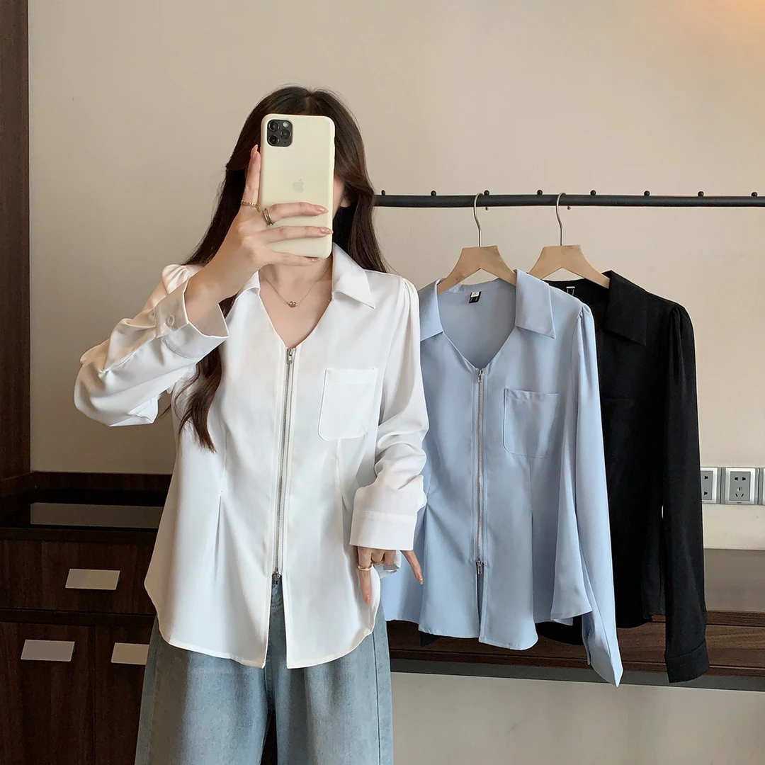 大码女装2025新款百搭显瘦双拉链衬衫胖mm时尚减龄衬衣63479
