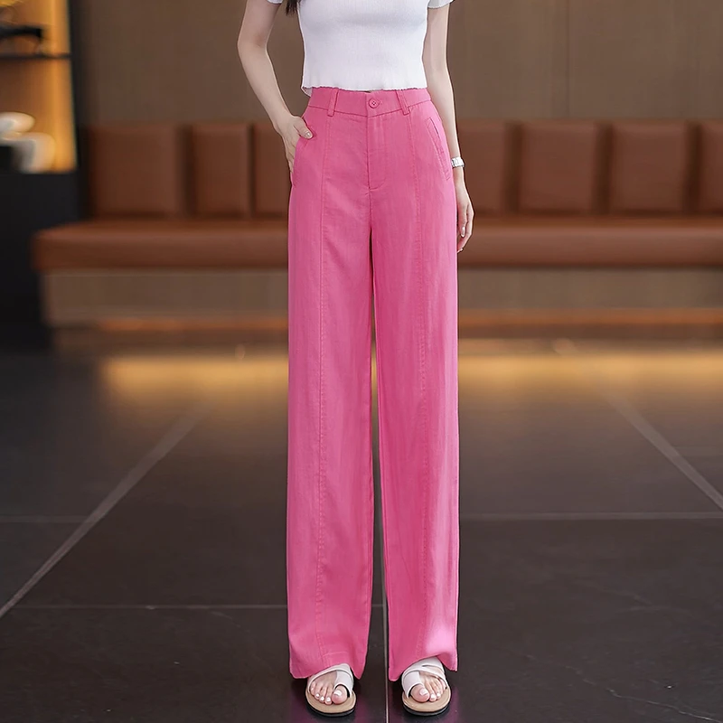 玫红时尚百搭阔腿裤女薄款2025夏季新款高腰显瘦垂感休闲直筒裤子
