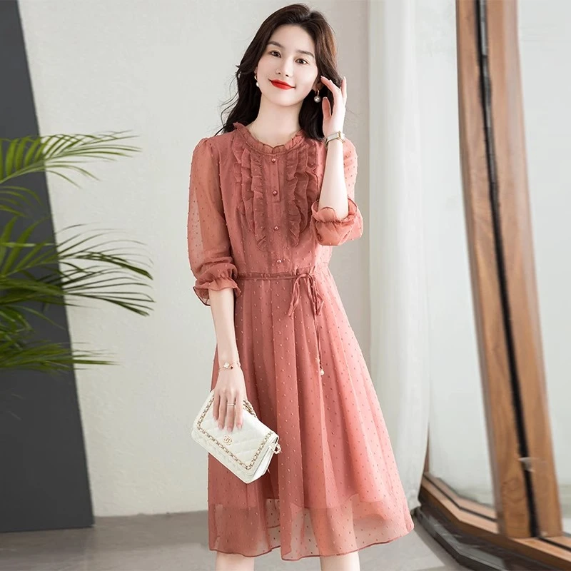 雪纺长袖连衣裙女2025新款春秋高端广州十三行爆小个子气质裙子夏