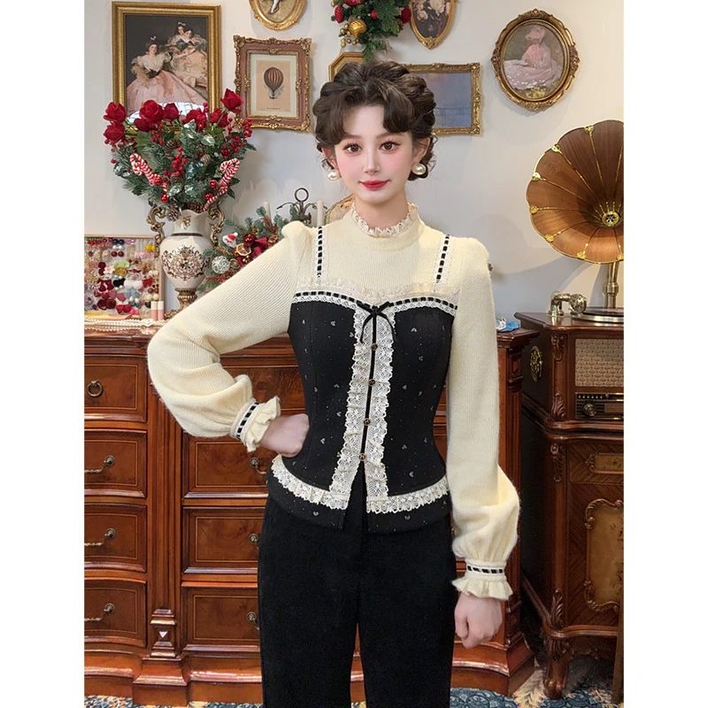 一生罗曼【夜曲】法式复古假两件撞色拼接秋冬显瘦上衣衬衫Y5912