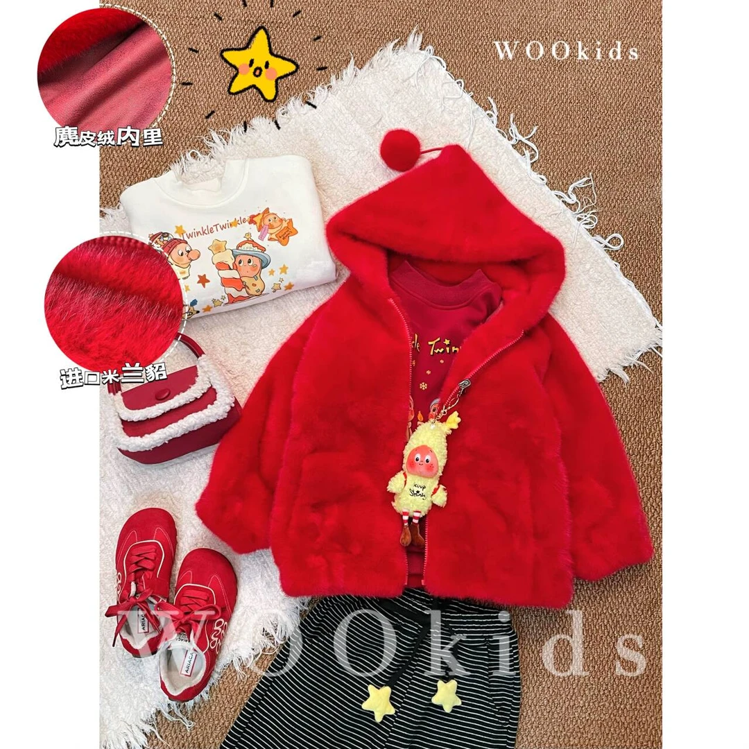 WOOkids1【新年色】亲子童装新品米兰貂连帽毛毛外套 W25092008