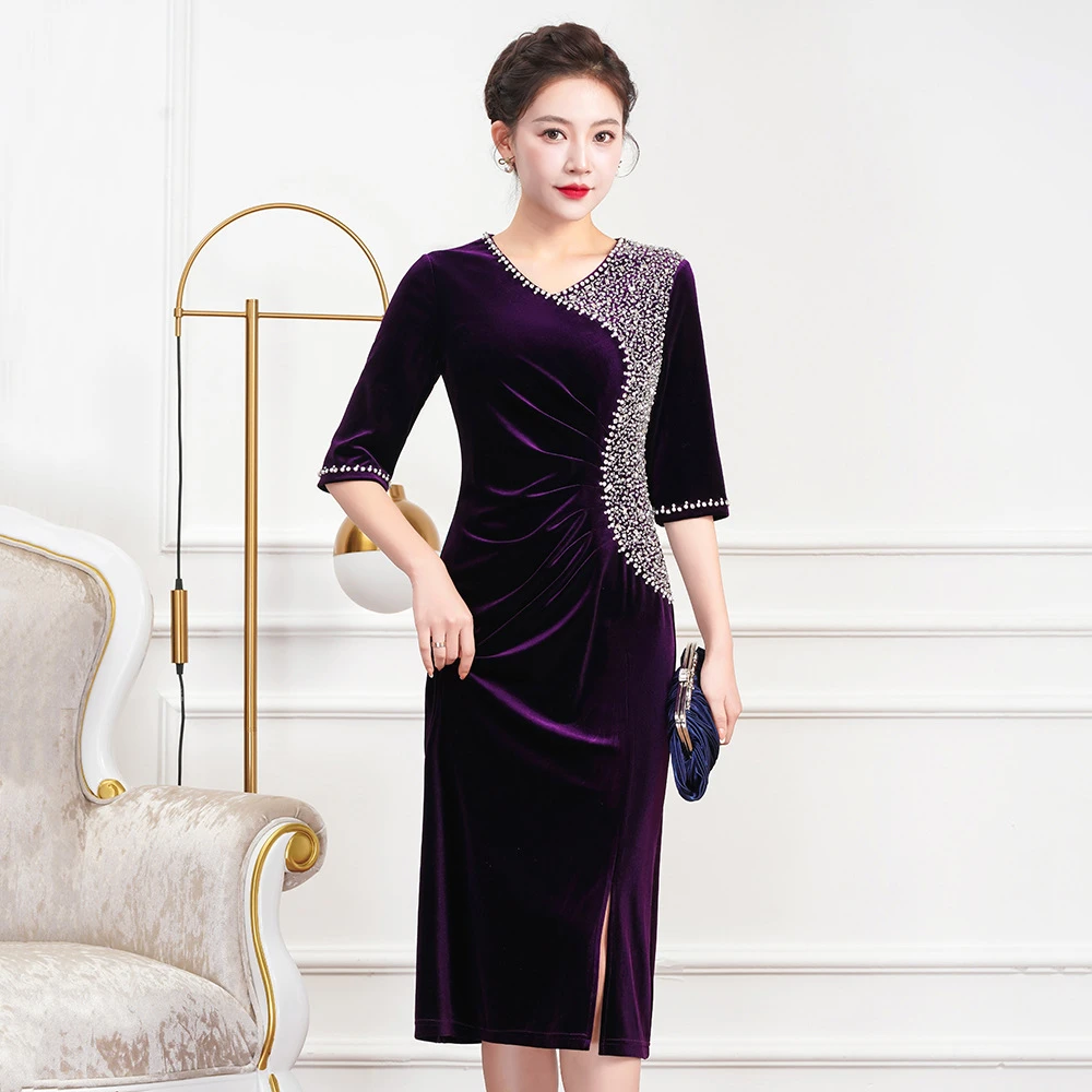 喜婆婆婚宴装手工订珠七分袖金丝绒妈妈宴会礼服修身气质大码女装