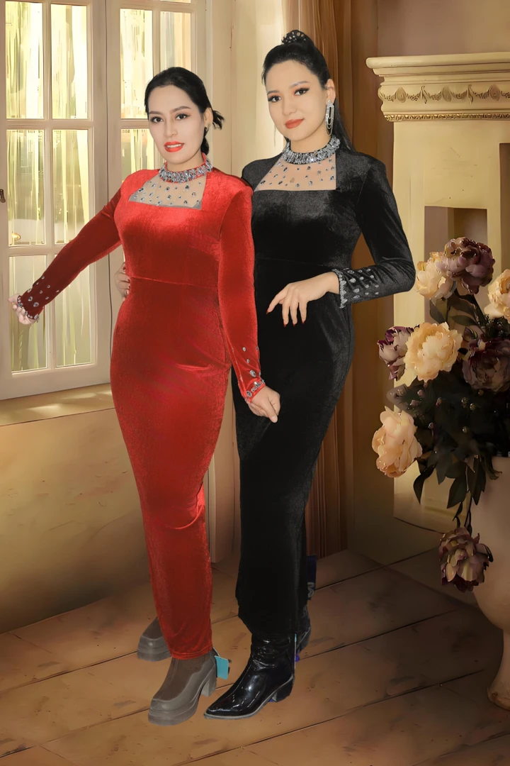 高贵时尚套装上衣黑色蕾丝连衣裙气质高领秋冬女装显瘦长袖长款