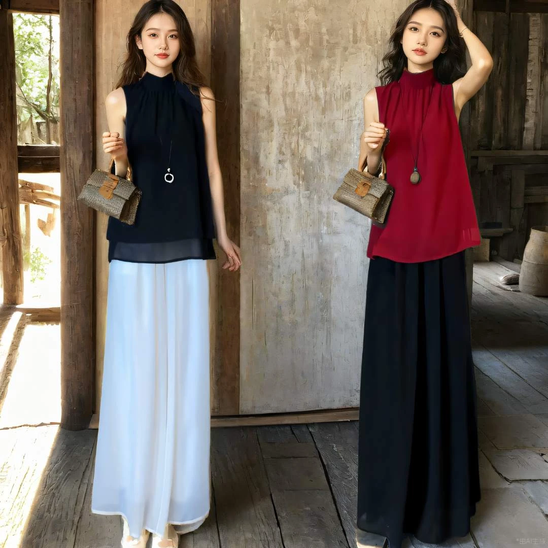 时尚套装洋气上衣设计感阔腿减龄无袖高腰老钱风松弛感女装贵气