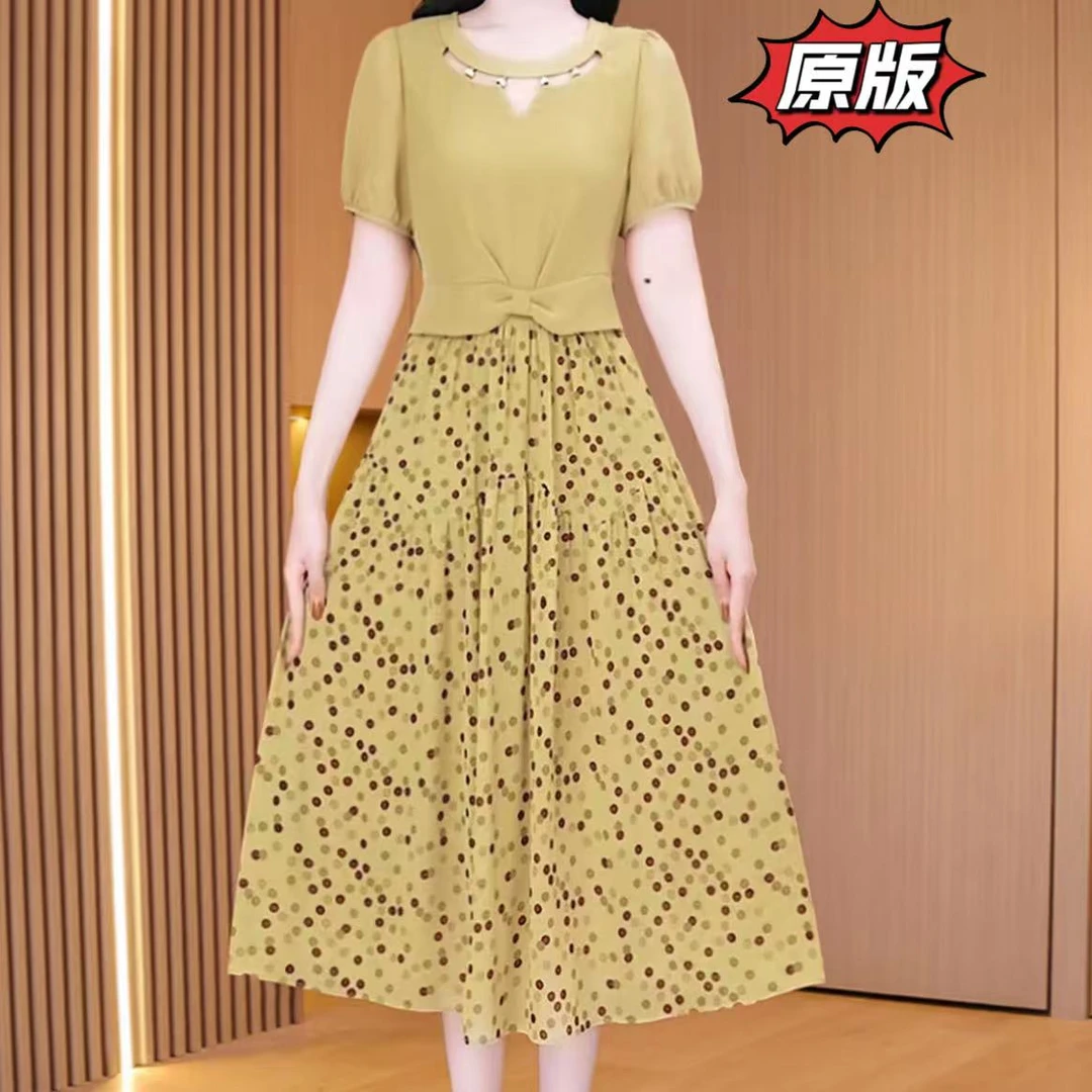 高档轻羽丝时尚假两件连衣裙2025夏季新款显瘦遮肉洋气减龄礼服裙