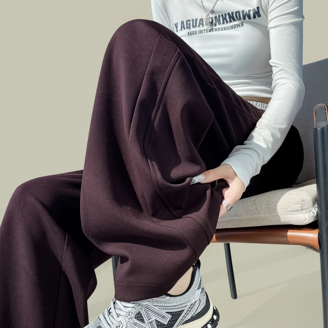 高腰休闲紫色窄版阔腿运动裤女2025年新款秋冬垂感拖地直筒卫裤