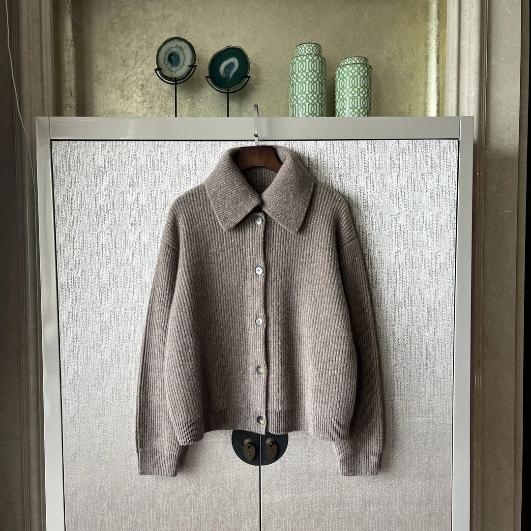 【小甜豆】山羊绒绵羊毛毛针织衫时尚翻领纯色复古开衫长袖