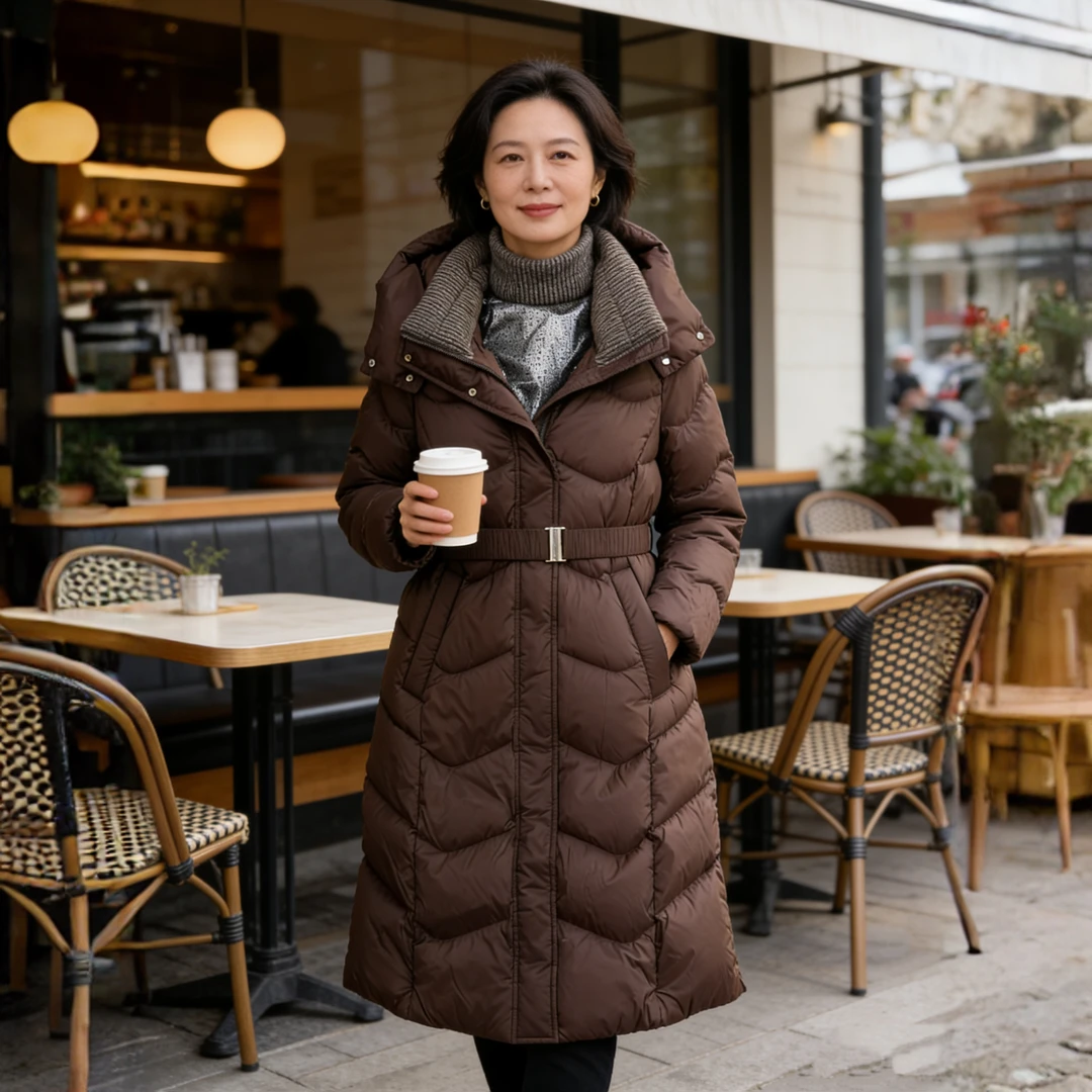 长款纯色中长款保暖女圆领羽绒服宽松防风收腰-咖82727