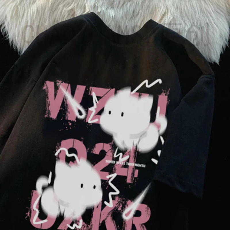 卡通小猫男女童短袖T恤夏季2025新款儿童纯棉半袖中大童宽松上衣