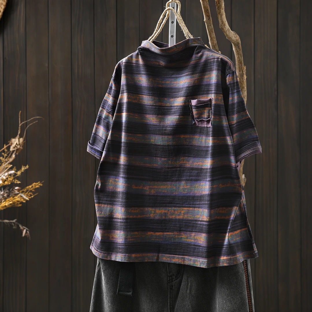 短袖女t恤2025新款早秋中领条纹炒色休闲百搭韩系慵懒松弛感上衣