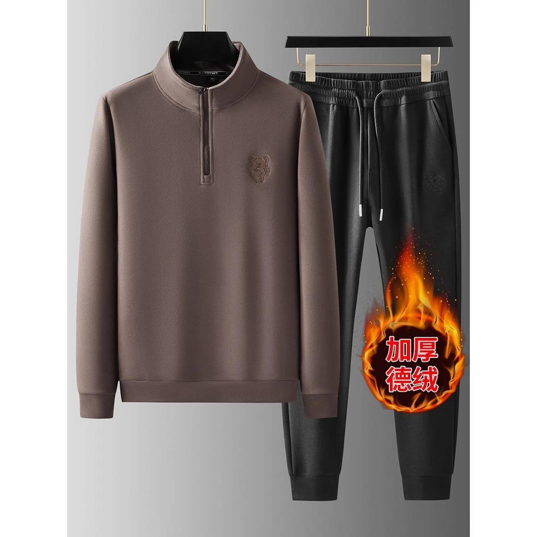 Dekase 运动服套装男冬季新款加绒加厚休闲高端宽松德绒卫衣男