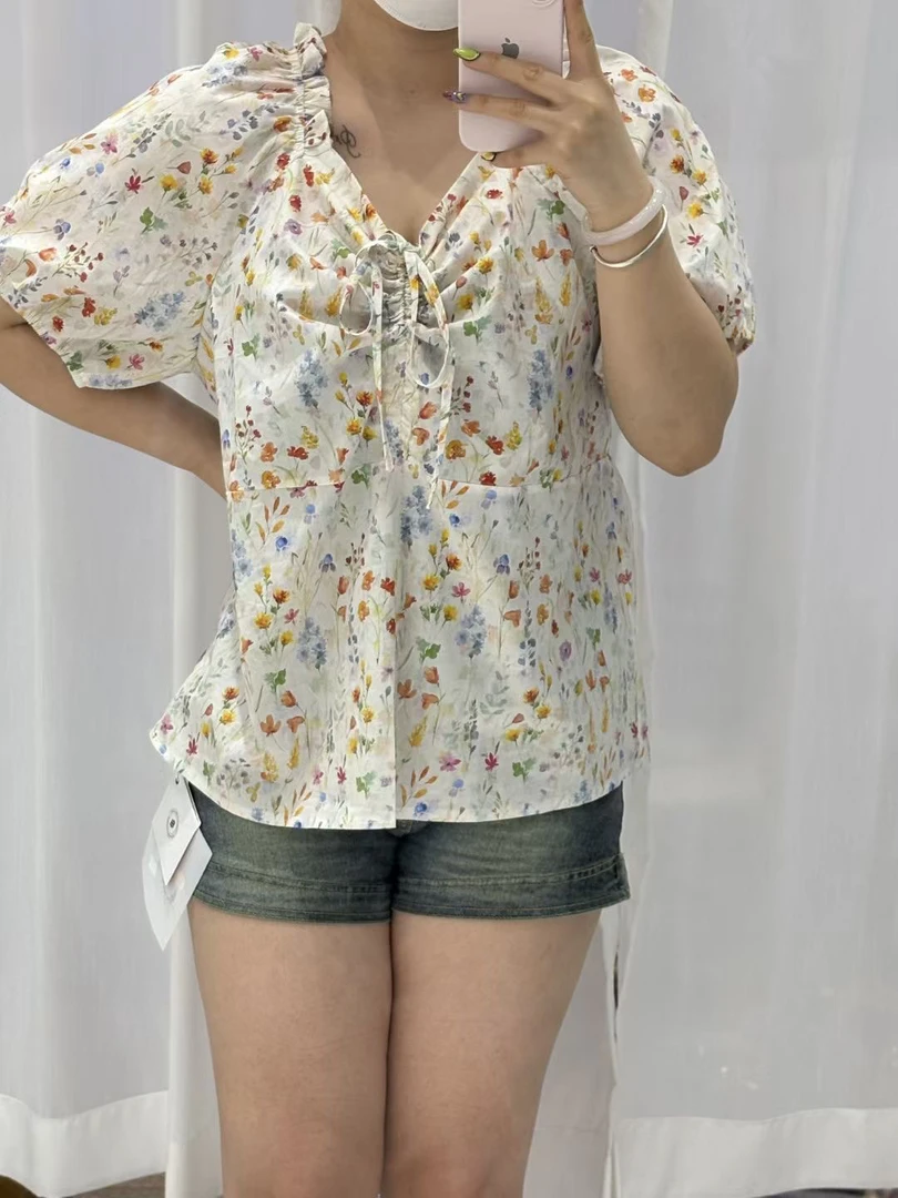 碎花宽松短袖衬衫女夏季新款甜美减龄韩版学院风系带蝴蝶结上衣