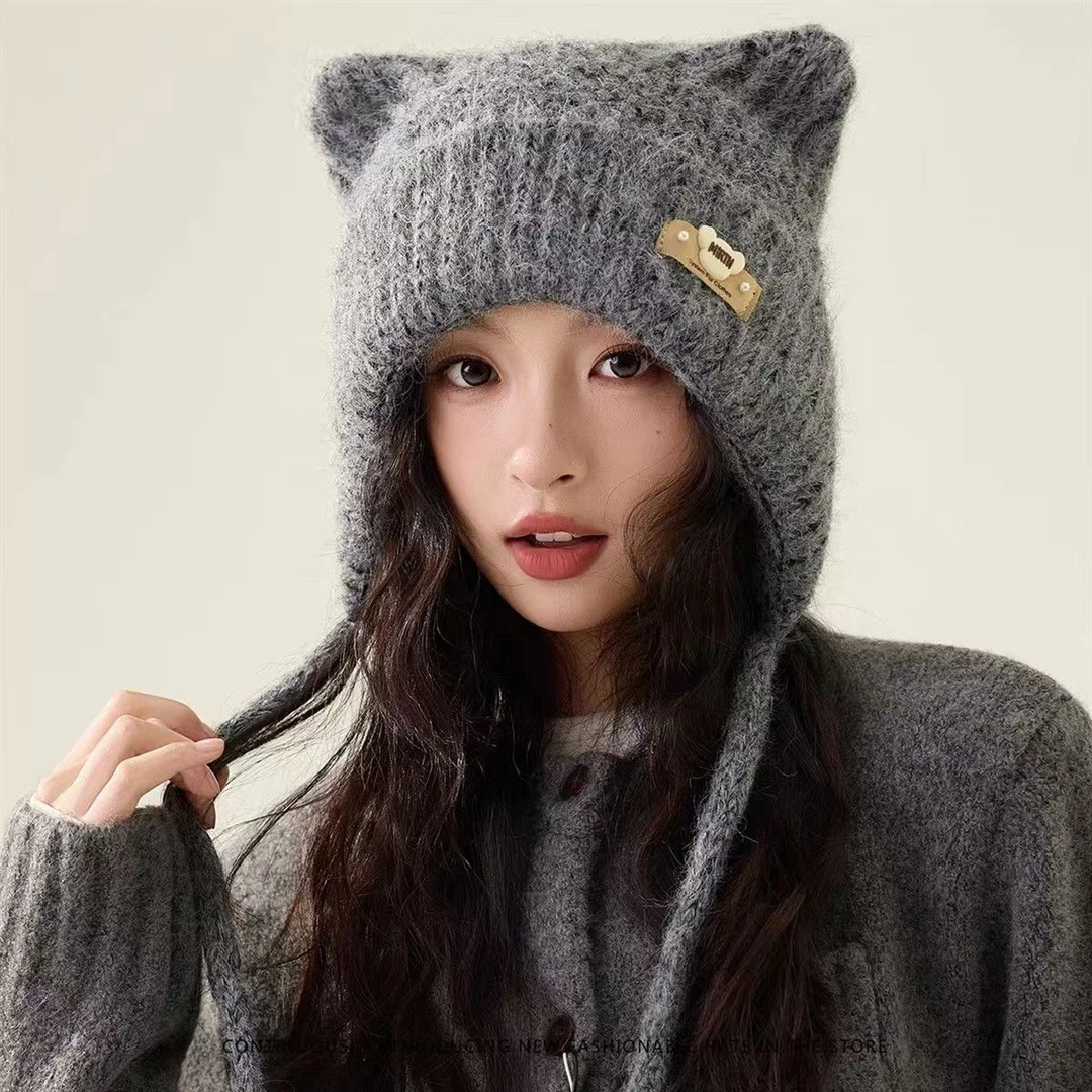 2025日系米奇标加厚防寒小熊帽子甜美可爱绑带显脸小猫耳朵针织帽