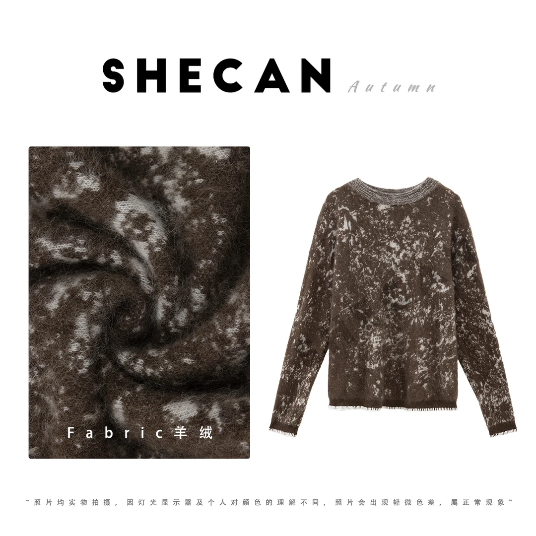 SHECAN【今喜】水墨撞色气质提花半圆领拉毛针织衫5QC291