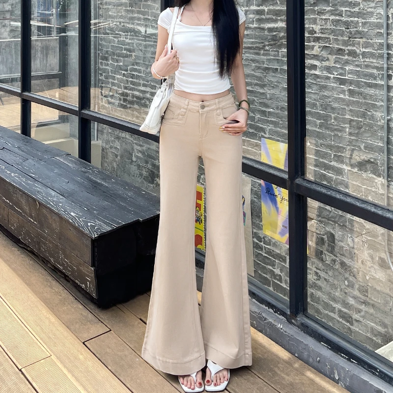 卡其色微喇牛仔裤女秋季新款2025新款高腰显瘦弹力休闲喇叭拖地裤