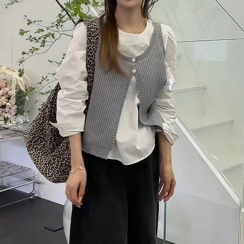 韩系减龄针织衫马甲叠穿圆领宽松衬衫女2025秋季新款简约洋气套装