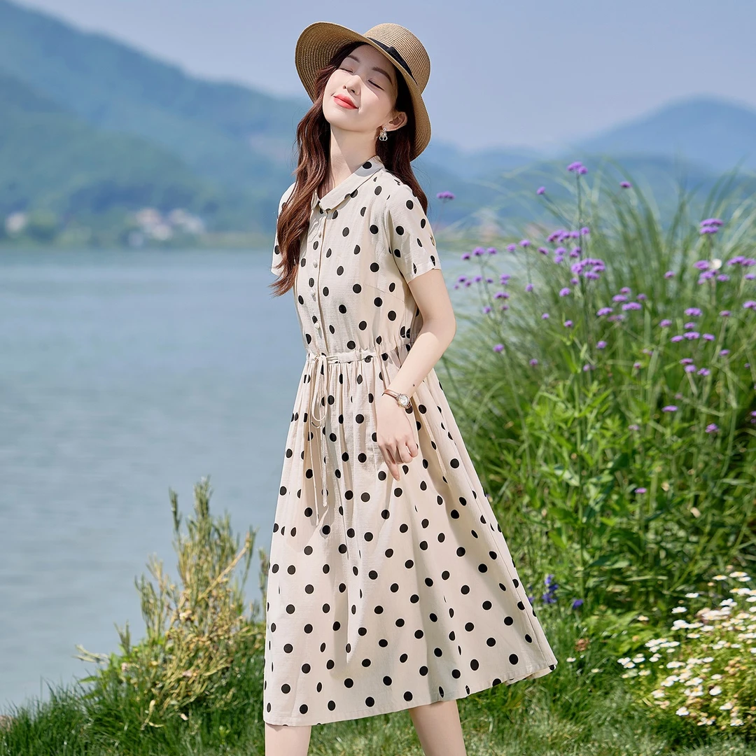 气质小翻领波点棉麻连衣裙女2025夏季新款减龄休闲收腰显瘦衬衫裙