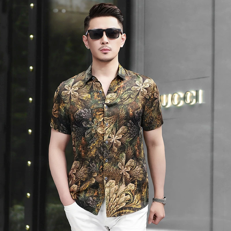 2025新款真丝短袖衬衫男士桑蚕丝花衬衫香云纱休闲时尚中国风男装