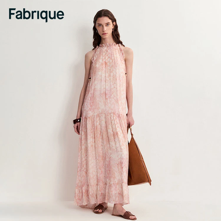 【达人专享】Fabrique夏橘子海薄纱印花挂脖度假休闲碎花连衣裙